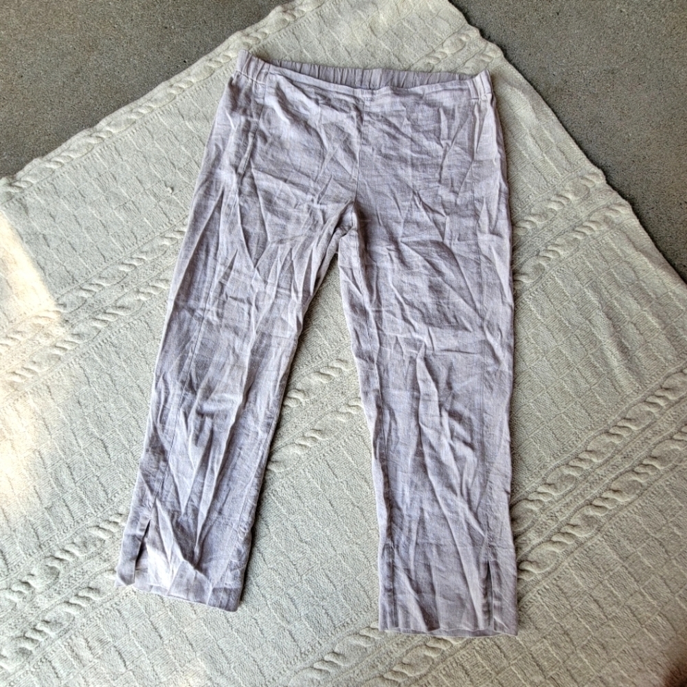 J Jill Linen Stretch Front Seam Ankle Slit Straight Leg Crop Pants sz M Oatmeal